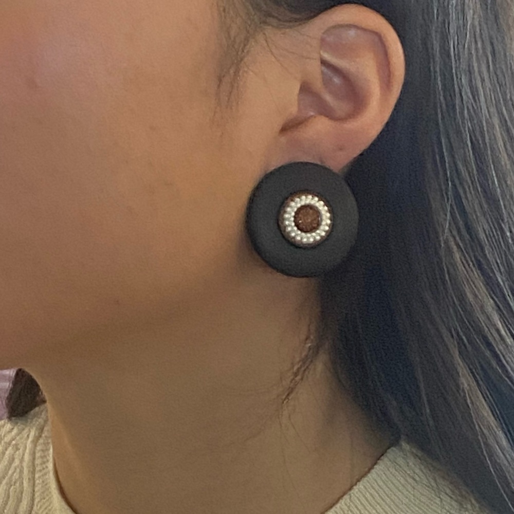Vintage Handmade Wooden Round Clip on Earrings